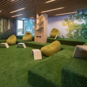 Artificial grass carpet in modern indoor lounge