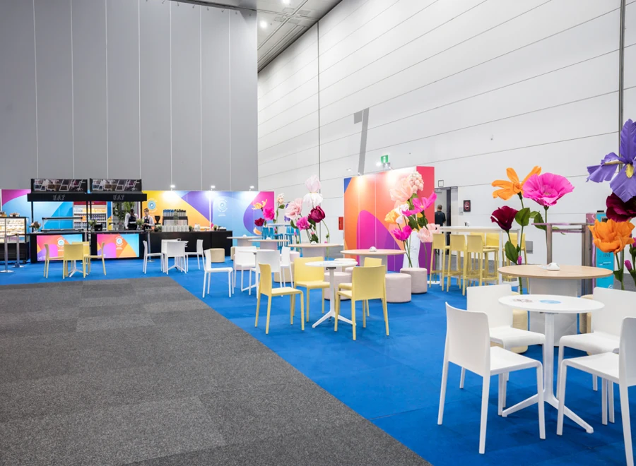 Blue and grey exhibition carpet in hall