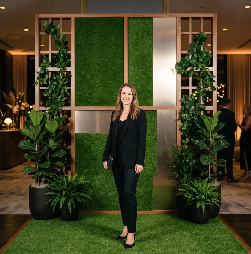 Exhibition artificial grass backdrop at photo booth