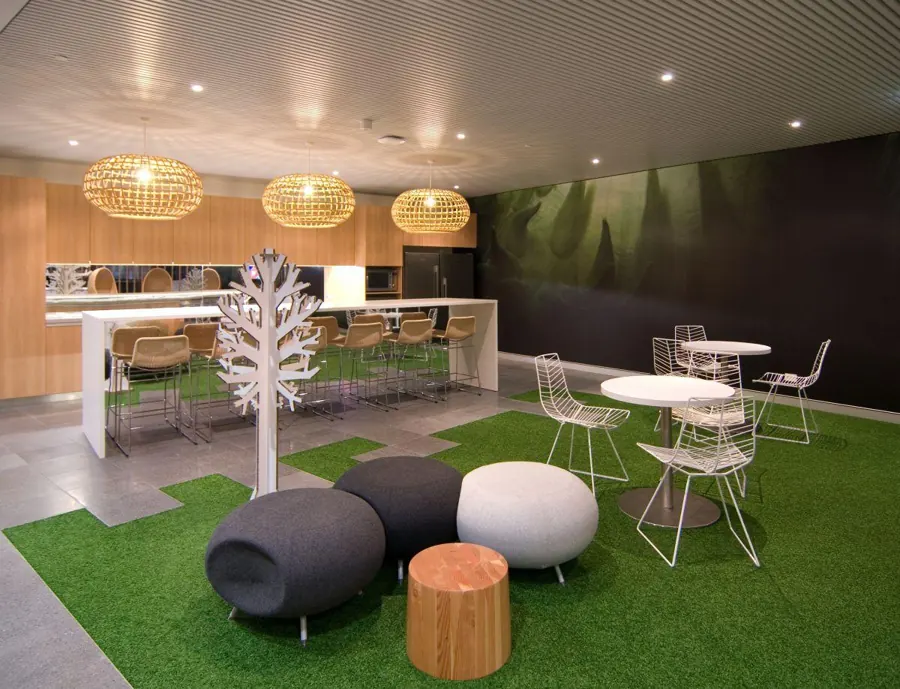 Exhibition artificial grass in modern office cafeteria