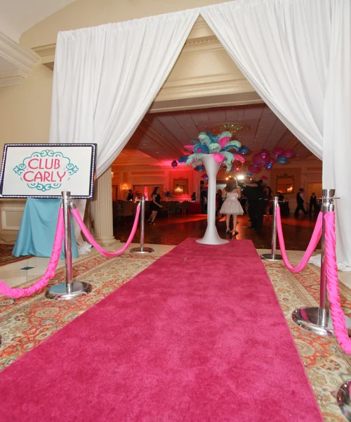 Pink event carpet runner at entrance