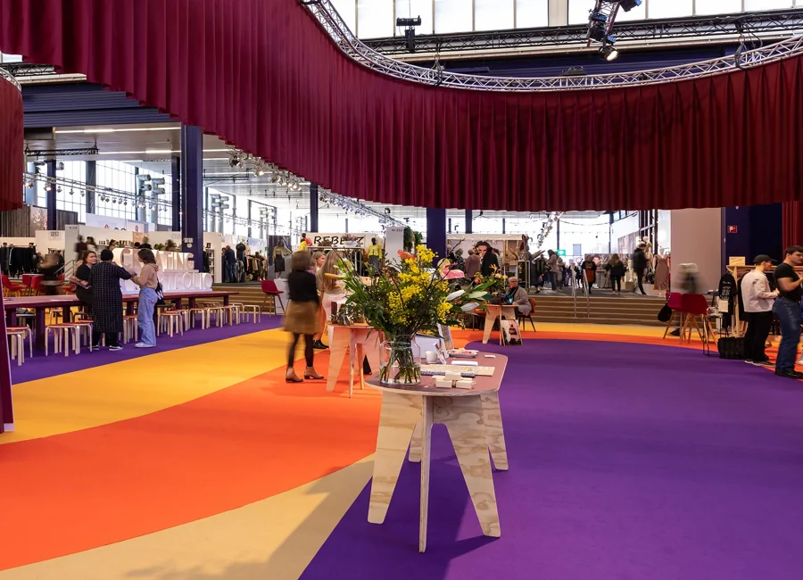 Vibrant multi-colored exhibition carpet in hall