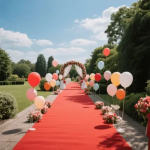 Outdoor red event carpet with balloons