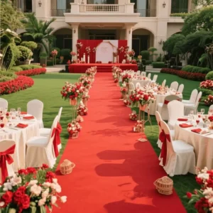 Red event carpet at outdoor wedding