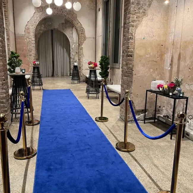 Blue exhibition carpet runner lined with stanchions