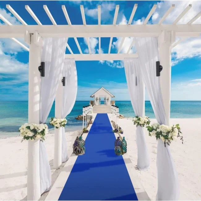 Blue exhibition carpet runner on beach walkway