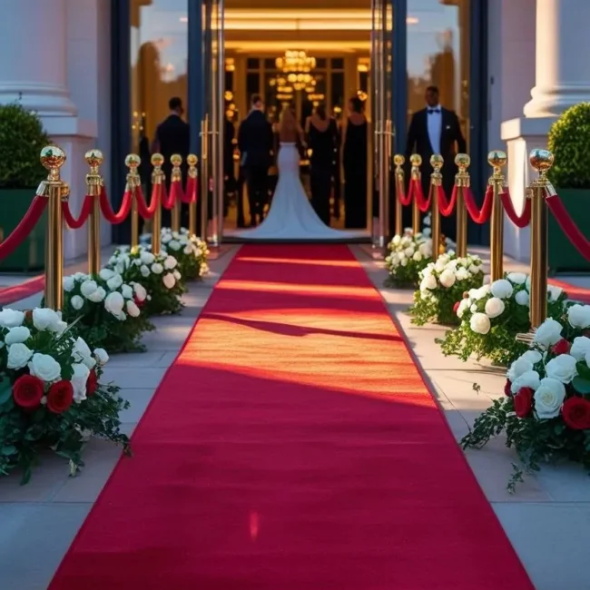 Red carpet entrance lined with floral arrangements