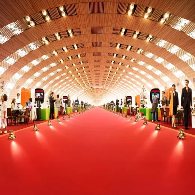 Red exhibition carpet flooring in arched hall