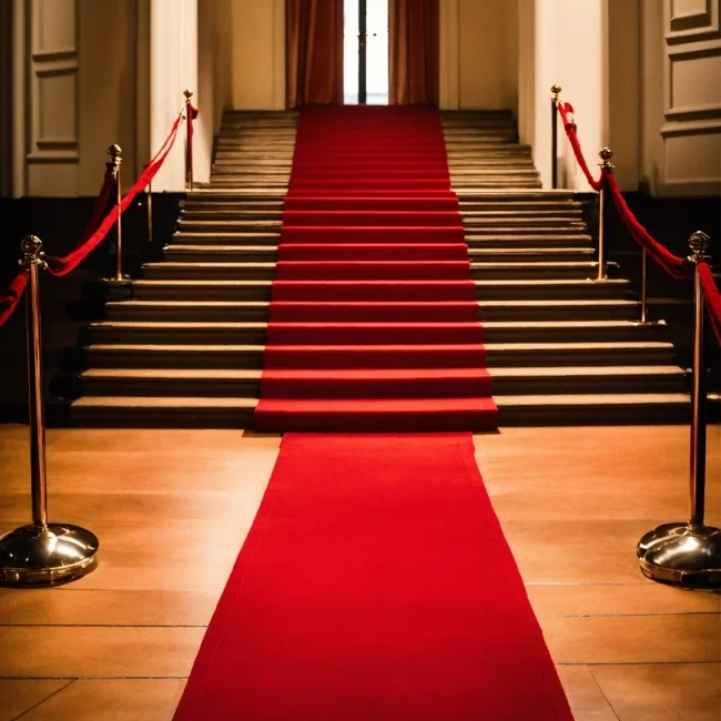 Red exhibition carpet runner leading up stairs